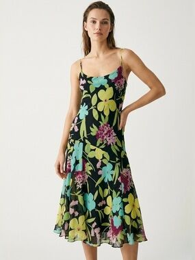 SOLD Vintage Silk Floral Bias Cut Midi Dress Size Medium Y2K